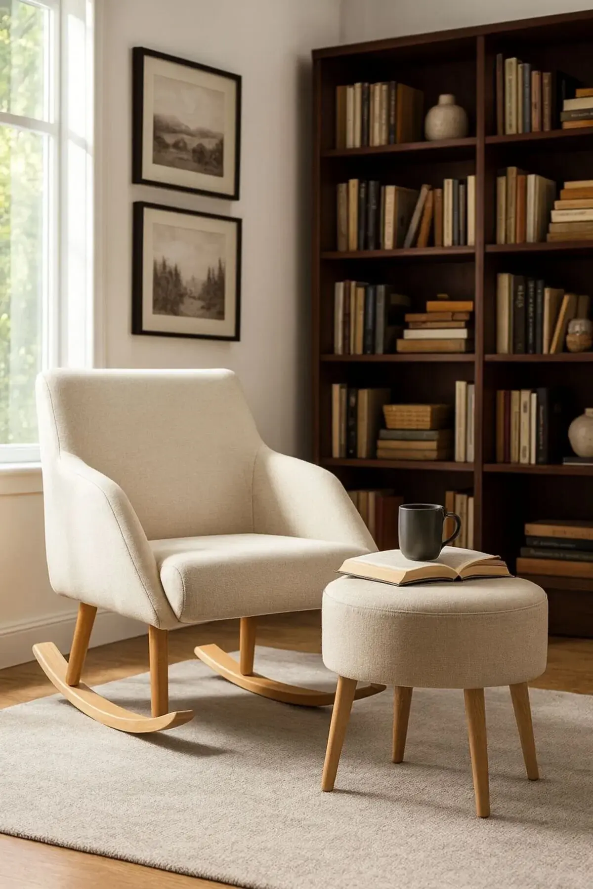 WEBPANYA Sallanan Ahşap Ayaklı KREM Rengi Berjer Koltuk - Puf Hediyeli