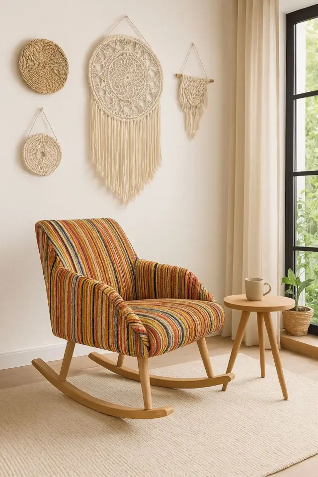 WEBPANYA Sallanan Ahşap Ayaklı Bohem Tarz Dokuma Kumaş ÇOK RENKLİ Berjer Koltuk - Zigon Sehpa Hediyeli