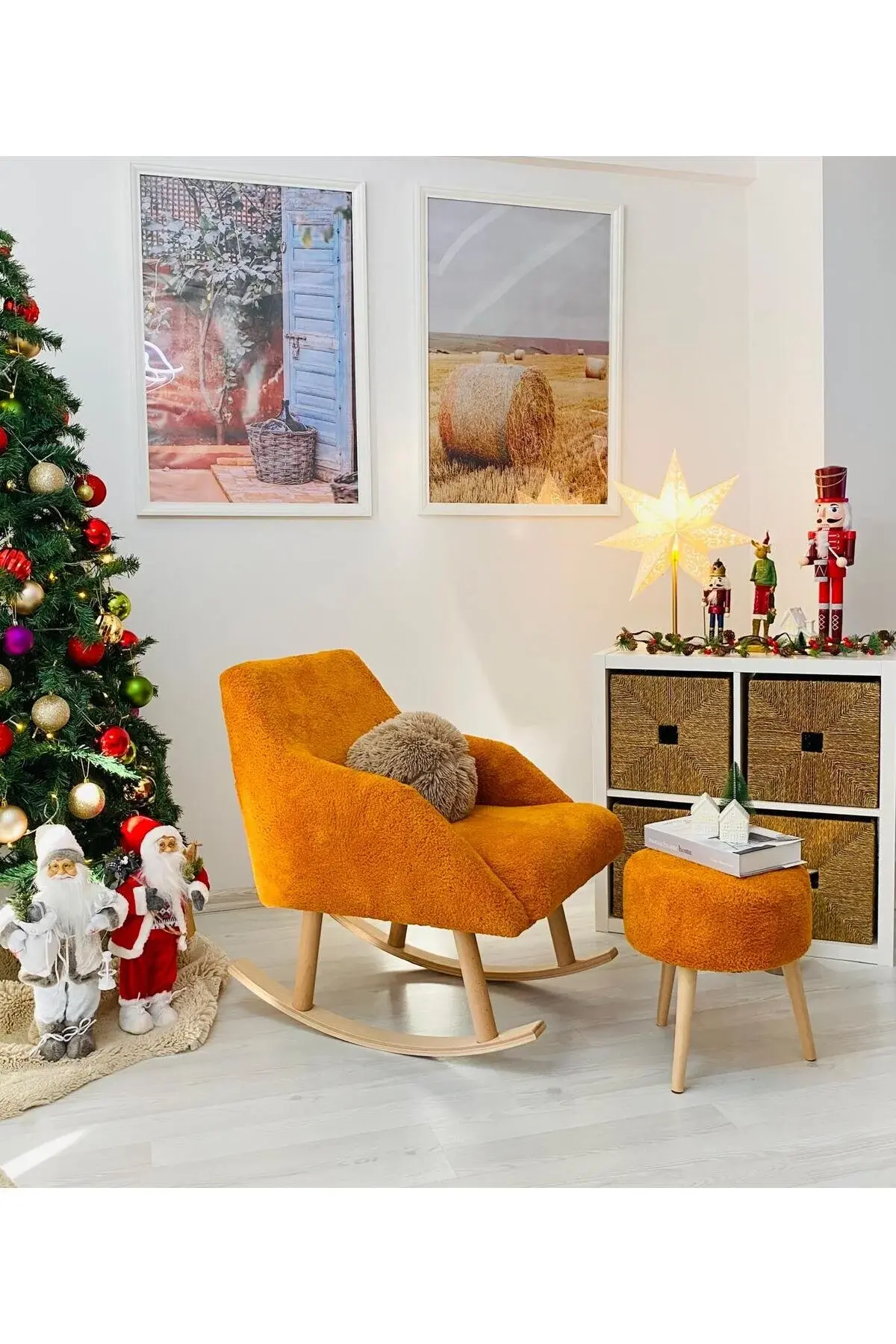 WEBPANYA Sallanan Ahşap Ayaklı Turuncu Rengi Berjer Koltuk - Puf Hediyeli