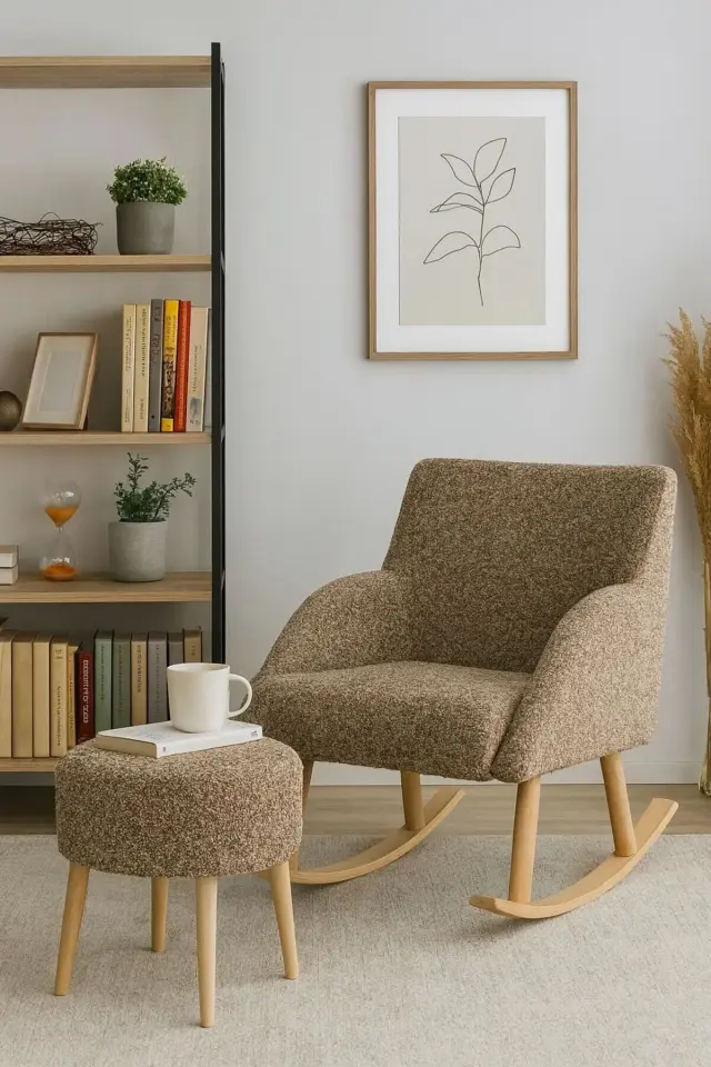 WEBPANYA Sallanan Ahşap Ayaklı Bohem Tarz Dokuma TEDDY Kumaş Berjer Koltuk - PUF HEDİYELİ