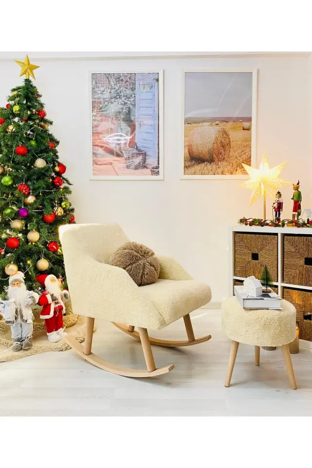 WEBPANYA Sallanan Ahşap Ayaklı Kırık Krem Rengi Berjer Koltuk - Puf Hediyeli