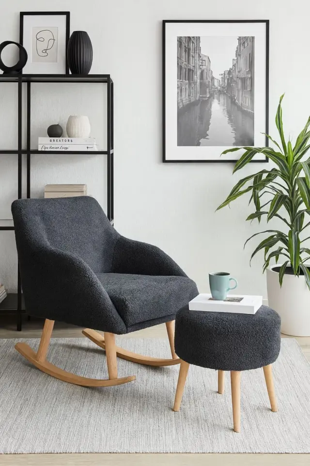 WEBPANYA Sallanan Ahşap Ayaklı ANTRASİT Rengi Berjer Koltuk - Puf Hediyeli