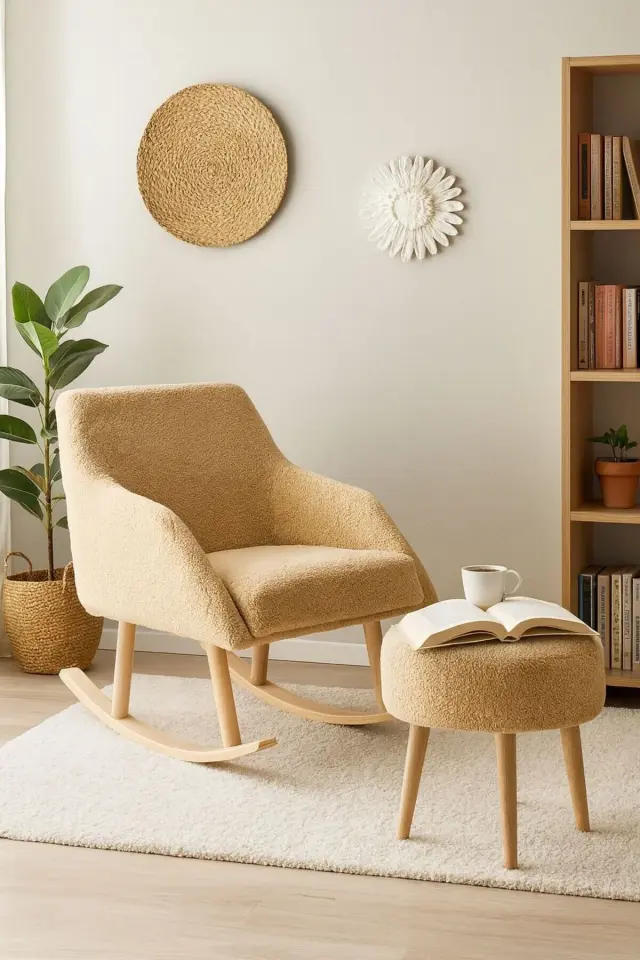 WEBPANYA Sallanan Ahşap Ayaklı Kahverengi Berjer Koltuk - Puf Hediyeli