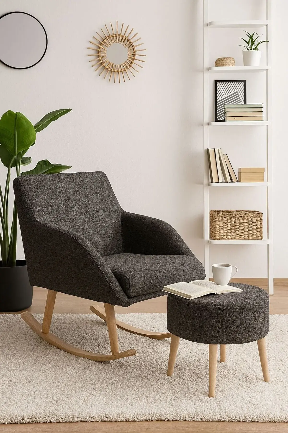 WEBPANYA Sallanan Ahşap Ayaklı ANTRASİT KETEN Rengi Berjer Koltuk - Puf Hediyeli