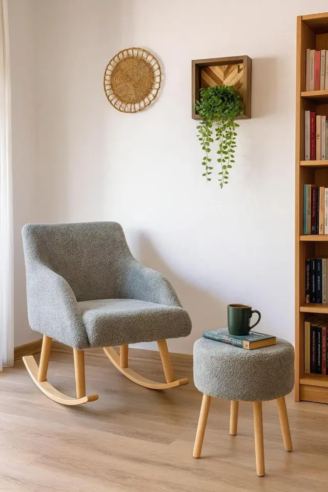 WEBPANYA Sallanan Ahşap Ayaklı Gri Rengi Berjer Koltuk - Puf Hediyeli