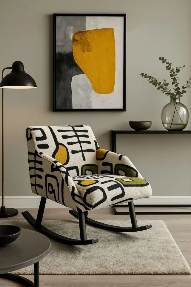 WEBPANYA Sallanan Ahşap Ayaklı Bohem Tarz Dokuma Kumaş ÇOK RENKLİ SİYAH BEYAZ Berjer Koltuk