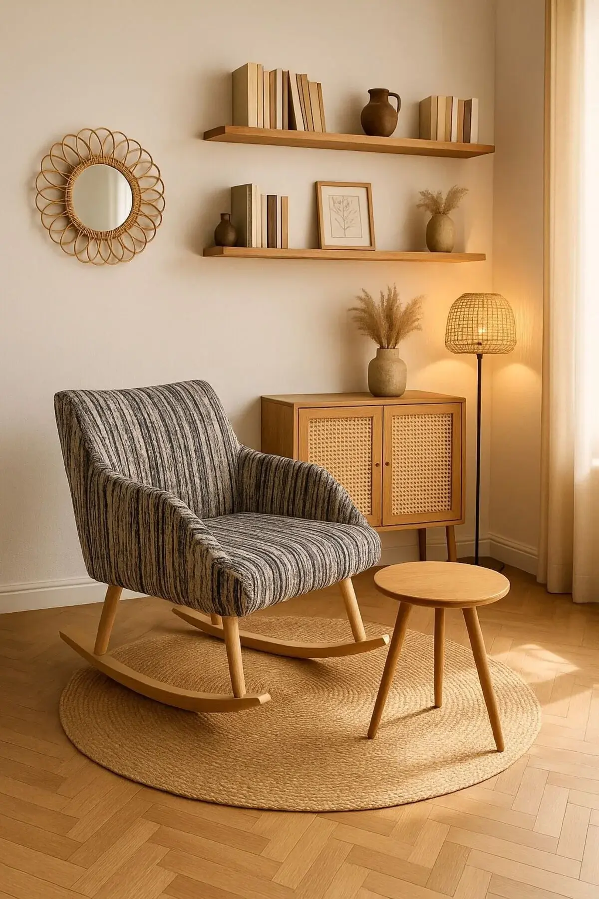 WEBPANYA Sallanan Ahşap Ayaklı Bohem Tarz Dokuma Kumaş Berjer Koltuk ÇOK RENKLİ GRİ LACİVERT  - Zigon Sehpa Hediyeli