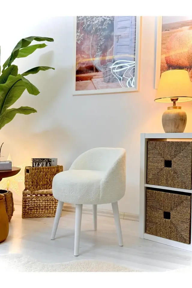 WEBPANYA X Large Beyaz Ayak Tedy Kumaş  Dekoratif  Berjer Puf Makyaj Masası Pufu