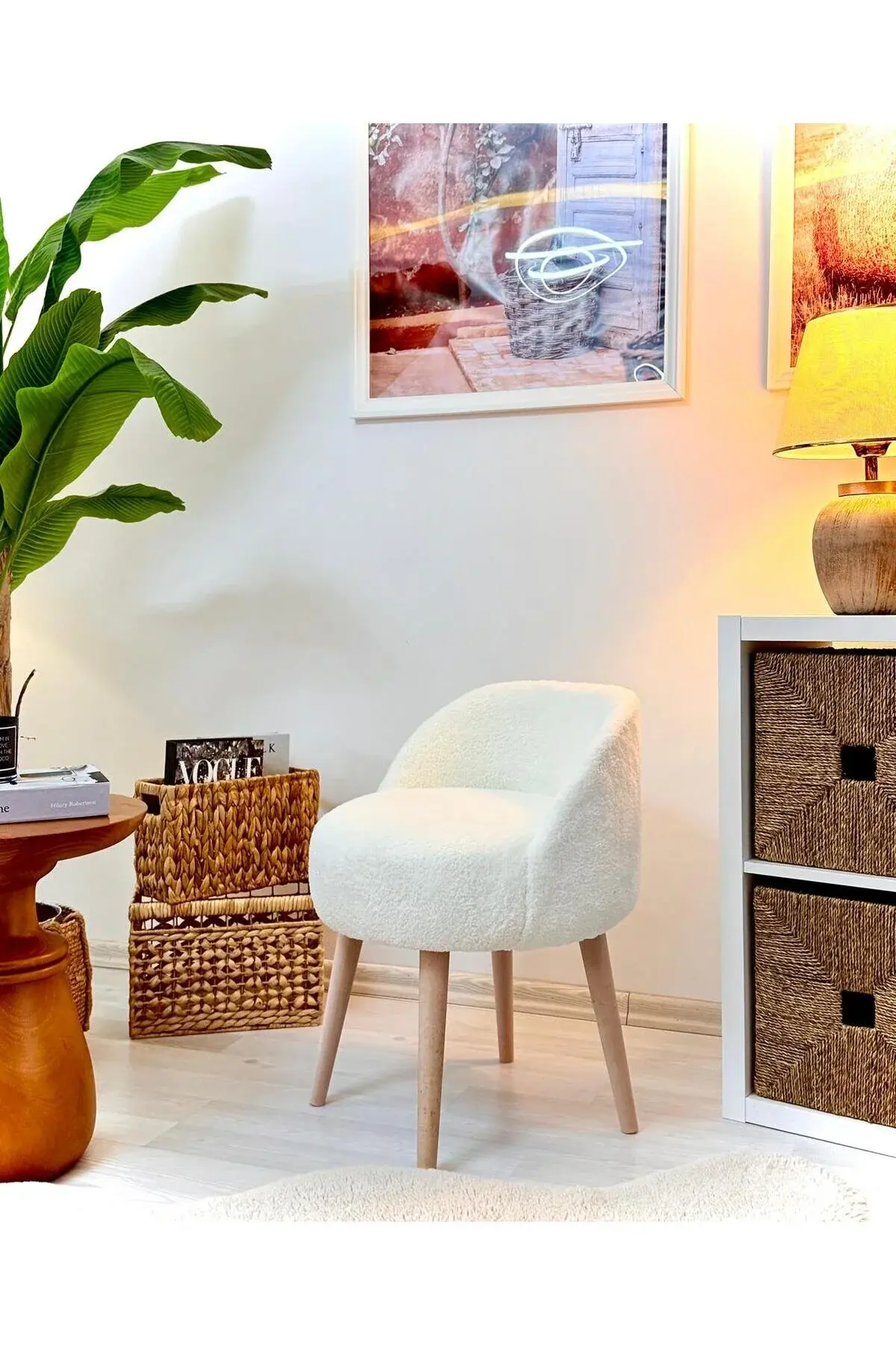 WEBPANYA X Large Beyaz Tedy Kumaş  Dekoratif  Berjer Puf Makyaj Masası Pufu