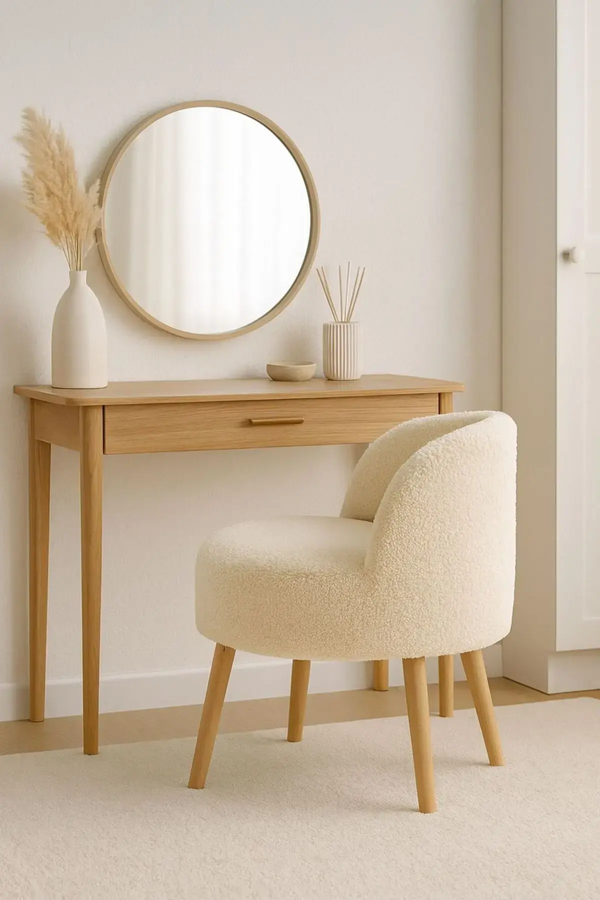 WEBPANYA X Large KREM Teddy Kumaş Dekoratif Berjer Puf Makyaj Masası Pufu