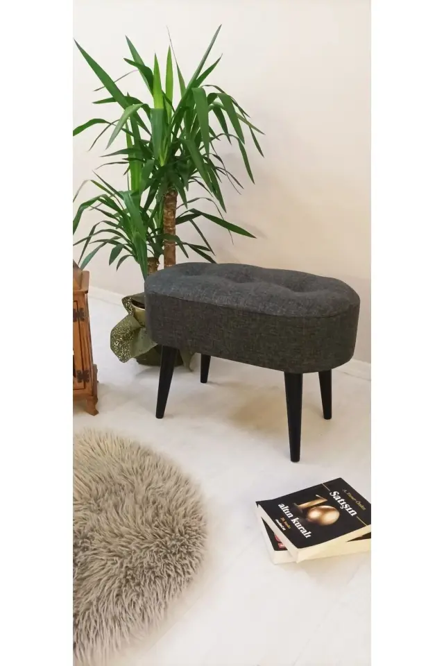 WEBPANYA Gürgen Siyah Ahşap Ayak Antrasit Keten Kumaş Oval Puf Bench