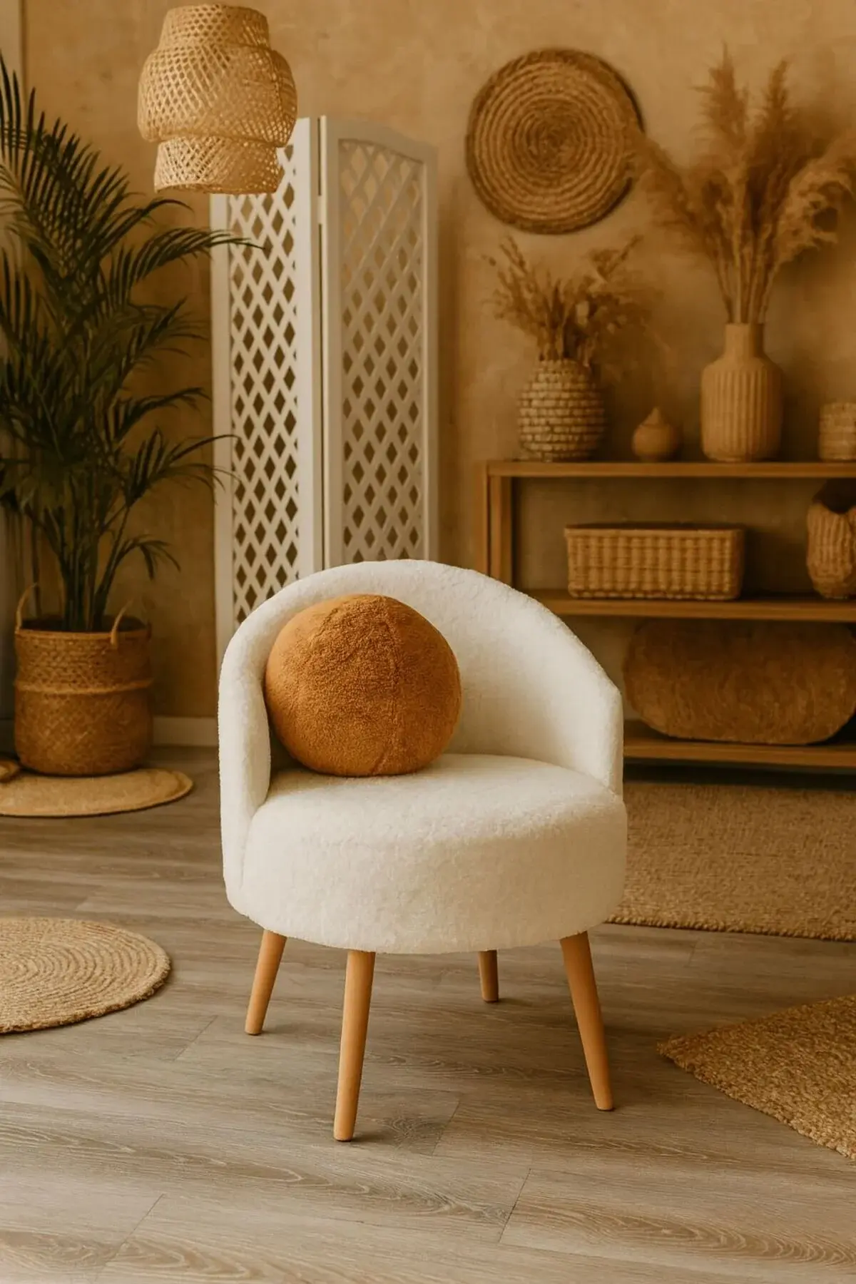 WEBPANYA Gürgen Ahşap Ayak Kırık Beyaz Welsoft Kumaş Dekoratif Berjer Puf Makyaj Masası TOP KIRLENT HEDİYELİ