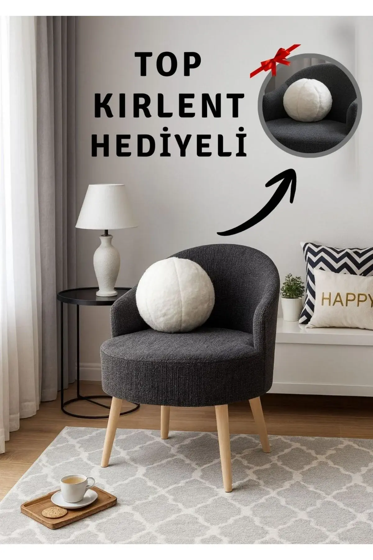 WEBPANYA Gürgen Ahşap Ayak Antrasit Renk Dokuma Kumaş Dekoratif Berjer Puf Makyaj Masası TOP KIRLENT HEDİYELİ