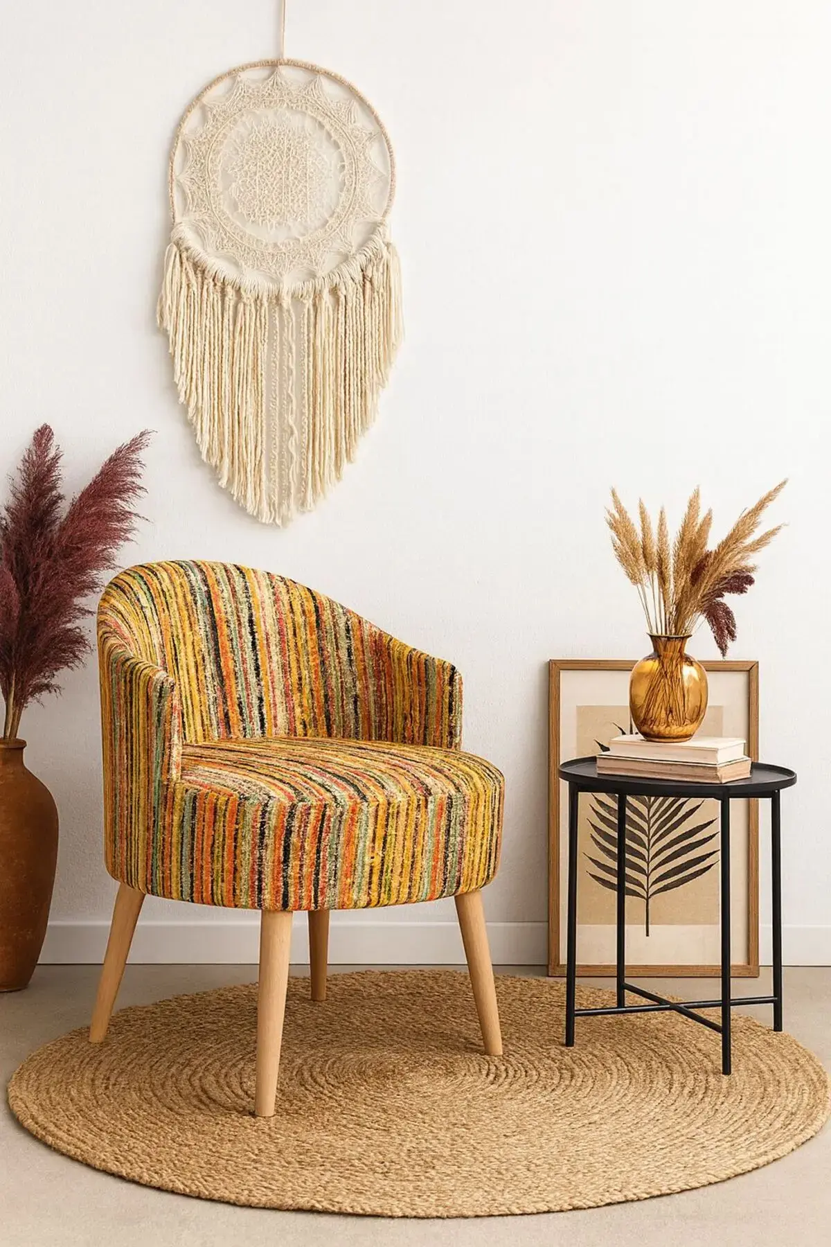 WEBPANYA Gürgen Ahşap Ayak Özel Üretim Renkli Dokuma Kumaş Dekoratif Berjer Puf Makyaj Masası Berjeri