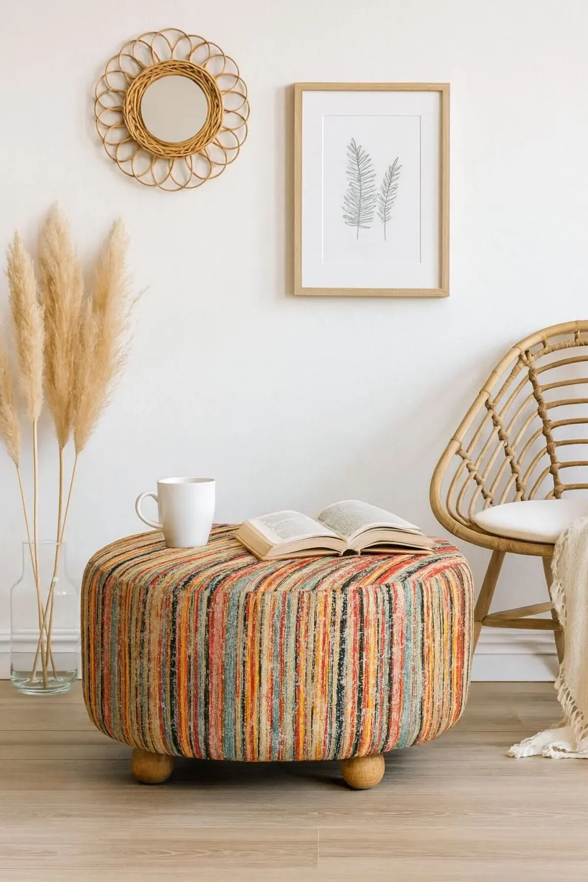 WEBPANYA Ahşap Ayak Geniş Oturma Alanı Bohem Tarz Dokuma Kumaş Puf Orta Sehpa Salon Oturma odası