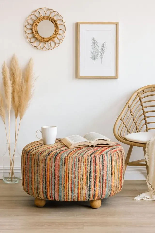 WEBPANYA Ahşap Ayak Geniş Oturma Alanı Bohem Tarz Dokuma Kumaş Puf Orta Sehpa Salon Oturma odası