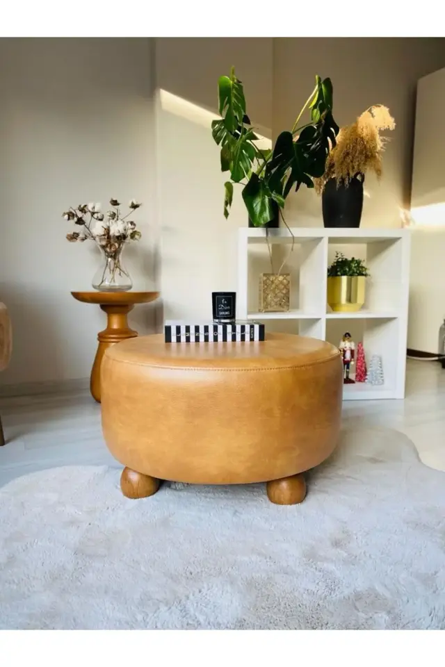 WEBPANYA Gürgen Ahşap Ayak Xlarge Oturma Alanı Suni Deri Taba Kumaş Pofidik Puf Bench Orta Sehpa