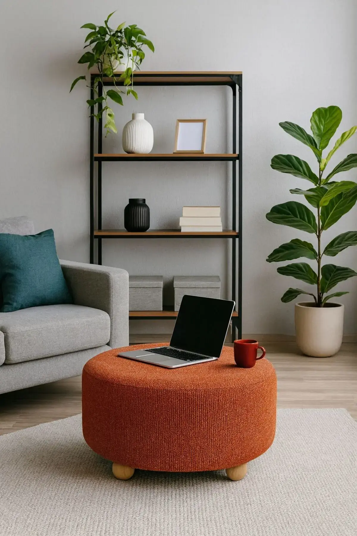 WEBPANYA Gürgen Ahşap Ayak Xlarge Geniş Oturma Alanı Kiremit Renk Kumaş Puf Bench Orta Sehpa